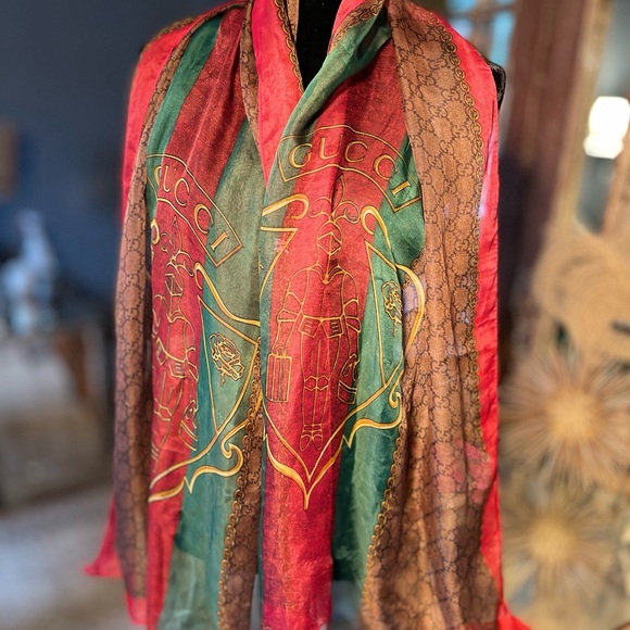 Gucci Accessories - Gucci silk scarf - Gucci pattern brown, green, red, gold. Flawless. 69in x 28in